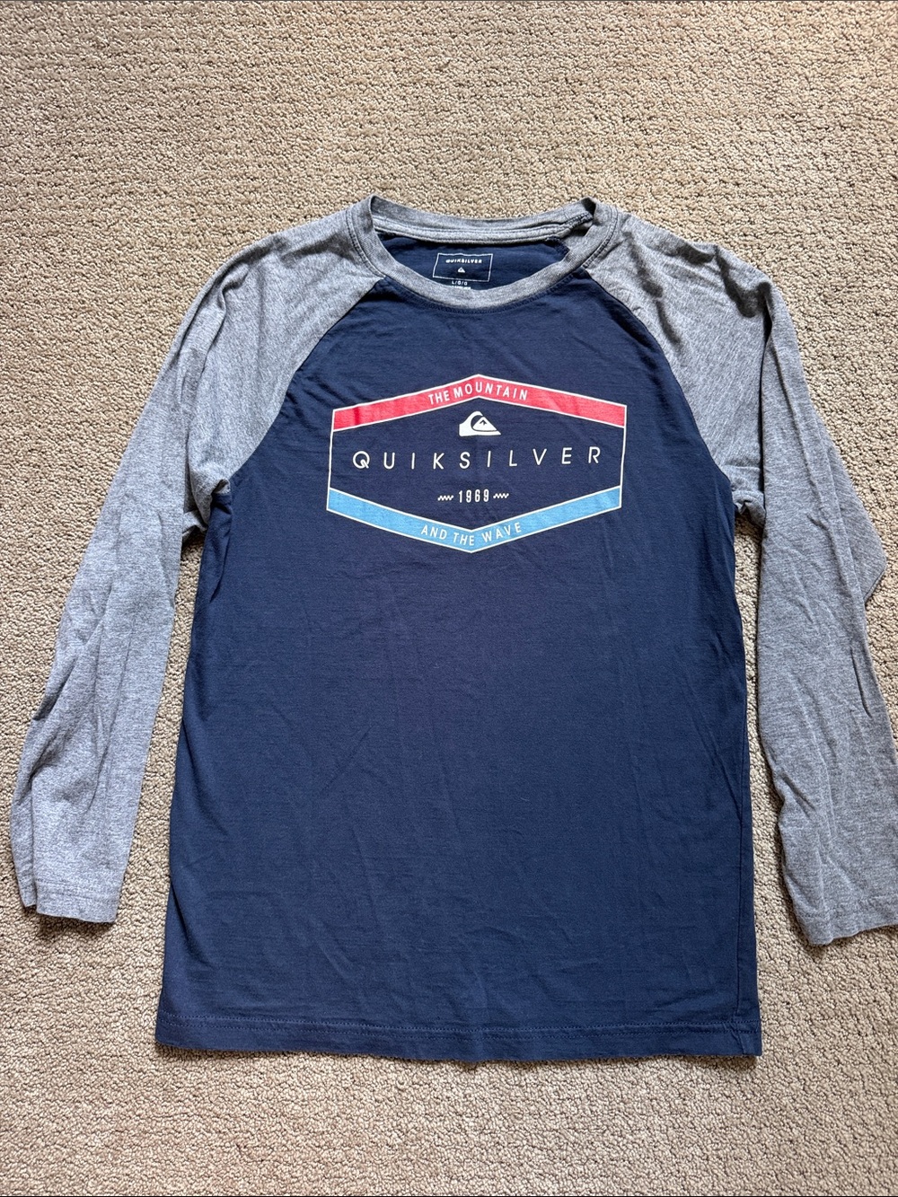 Quiksilver Navy Long Sleeve Raglan Tee with Gray Sleeves and Red/Blue Logo